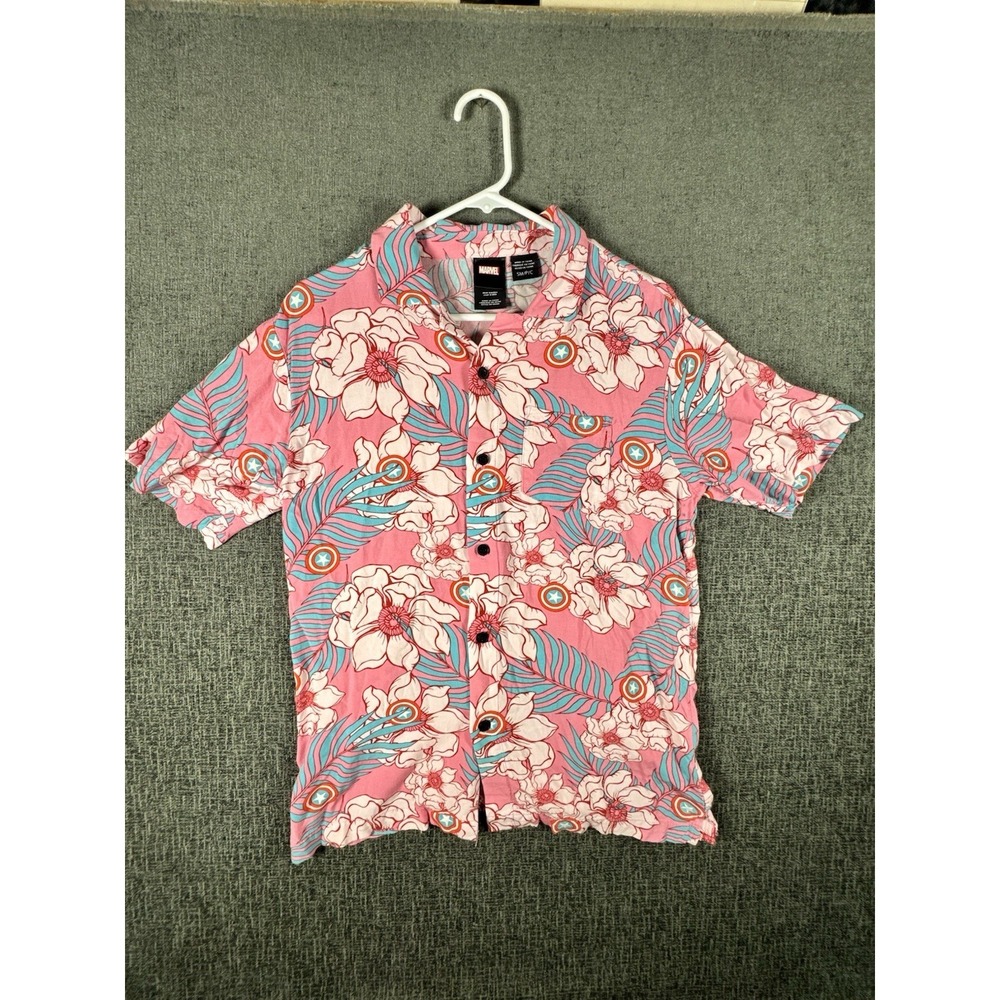 Marvel Shirt Mens Small Floral Hawaiian Button Up Captain America Rayon Avengers